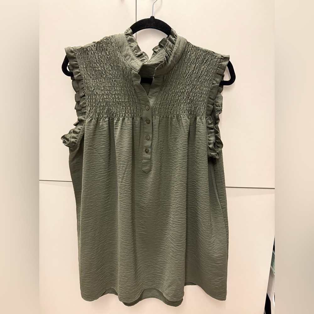 Greyish Green Smocked Button-Up Blouse with Ruffled Mandarin Collar